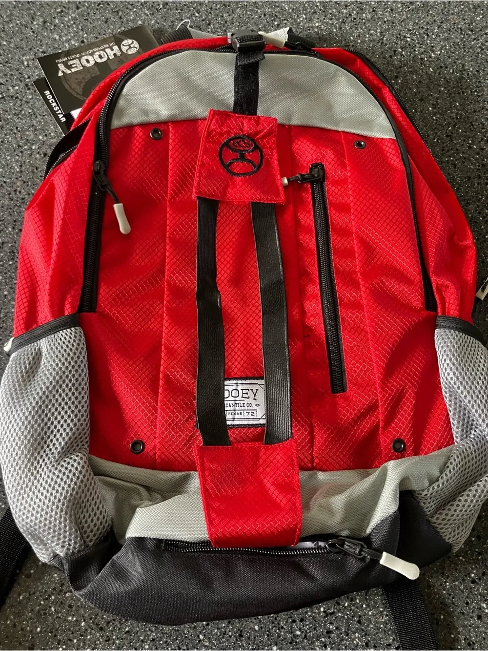Hooey Red, Gray and Black unisex Backpack with hat holder and rain cover NWT